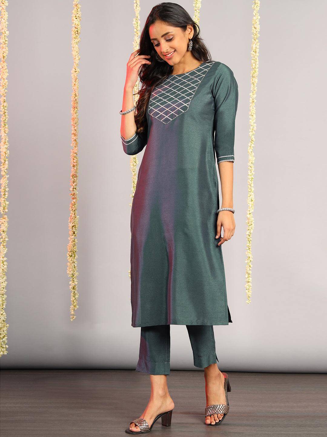 Grey Poly Silk Solid Kurta with Pant