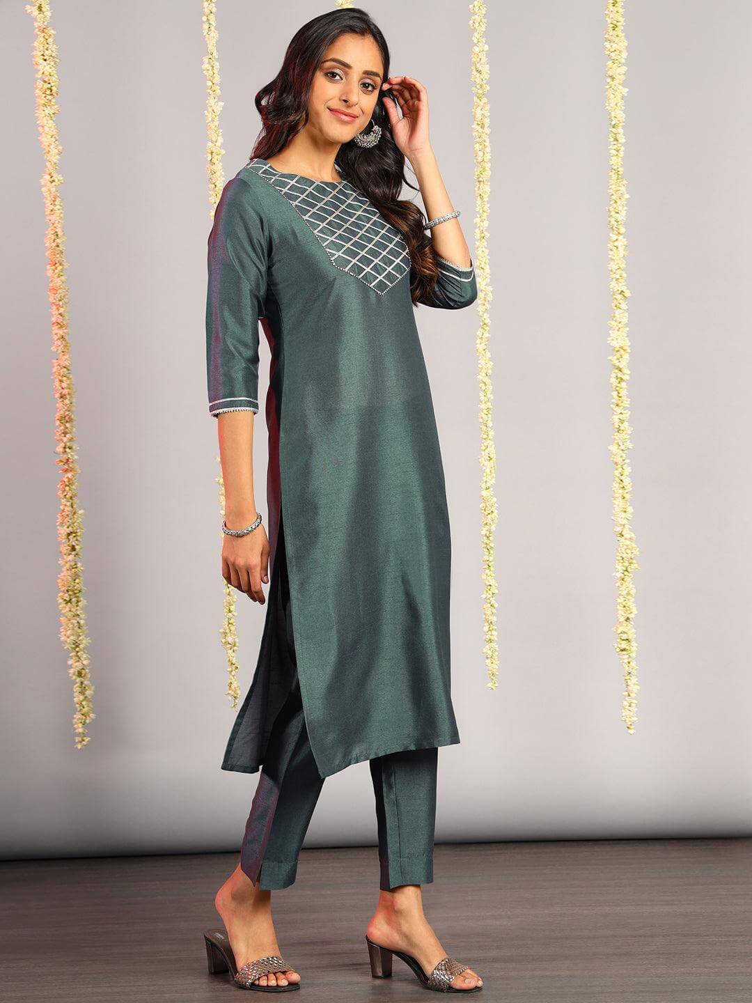 Grey Poly Silk Solid Kurta with Pant