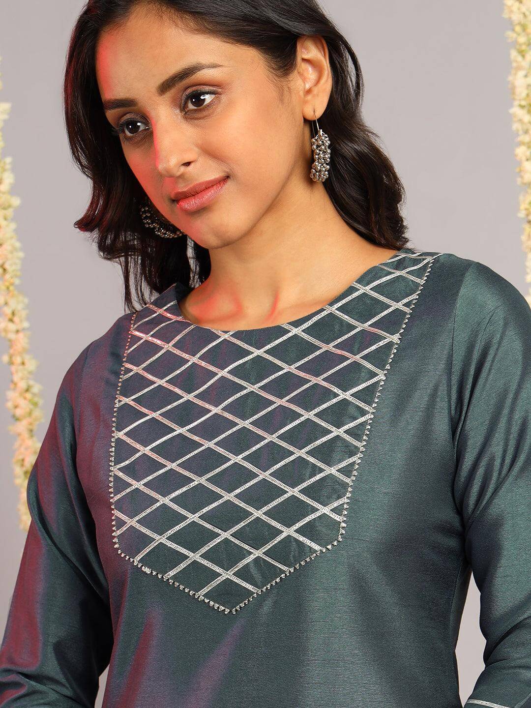 Grey Poly Silk Solid Kurta with Pant