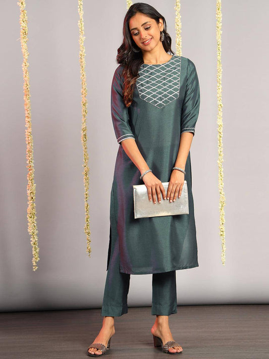 Grey Poly Silk Solid Kurta with Pant