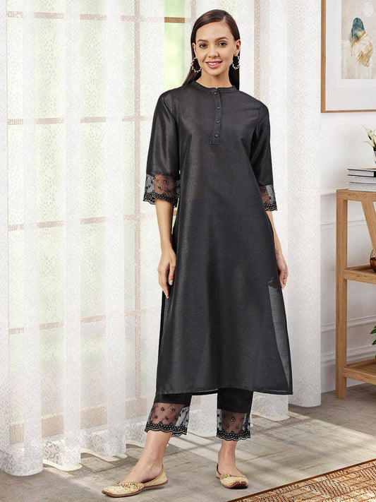 Black Poly Silk Solid Kurta with Pant