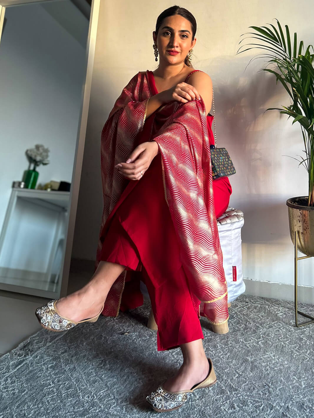 Maroon Poly Crepe Solid Kurta with Pant and Dupatta