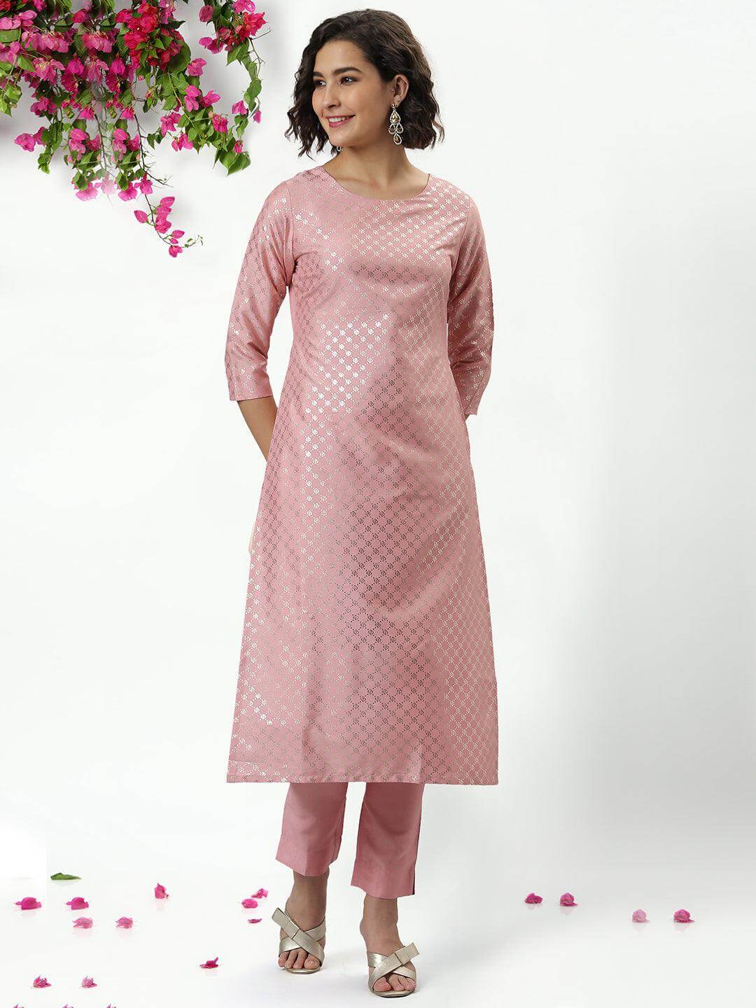 Pink Poly Silk Floral Print Kurta with Pant