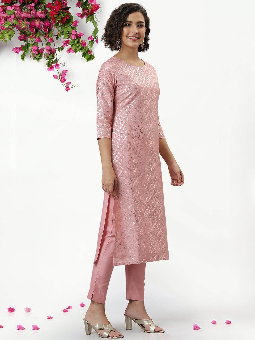 Pink Poly Silk Floral Print Kurta with Pant