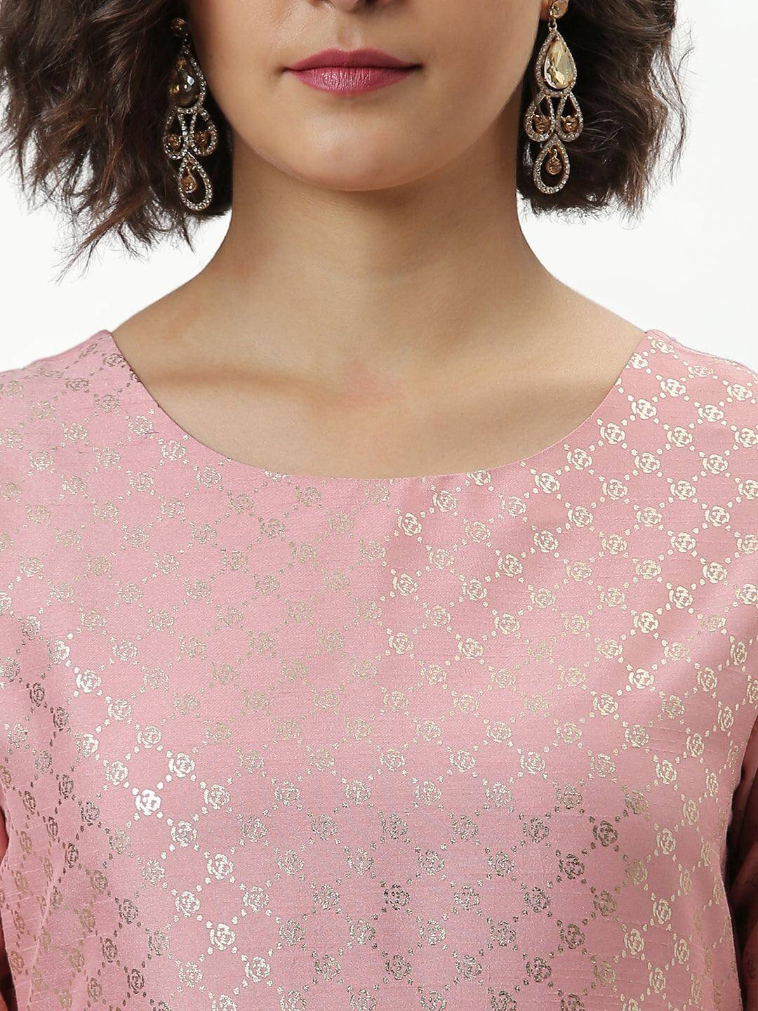 Pink Poly Silk Floral Print Kurta with Pant