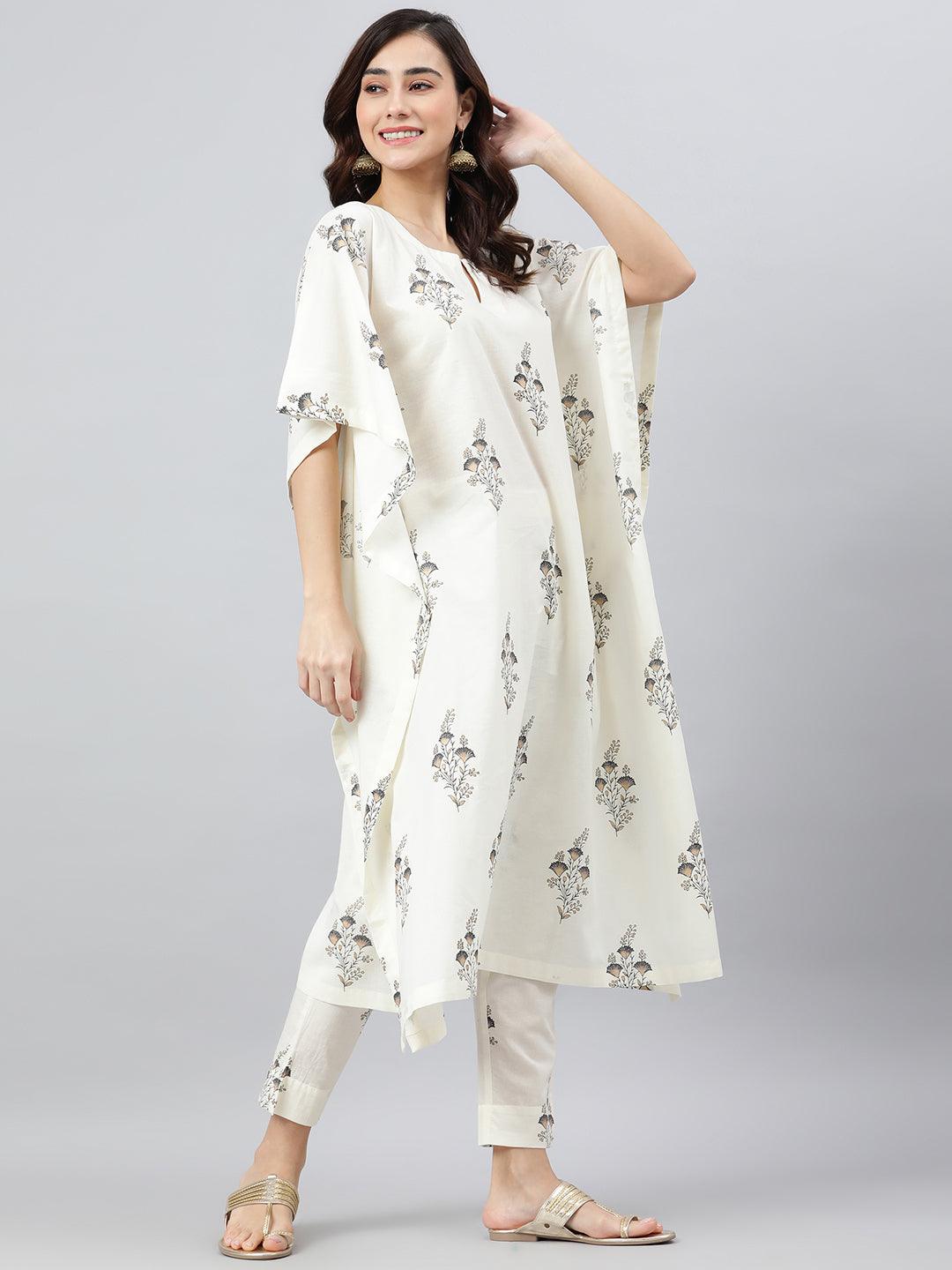 Cream Cotton Floral Print Kaftan with Pant