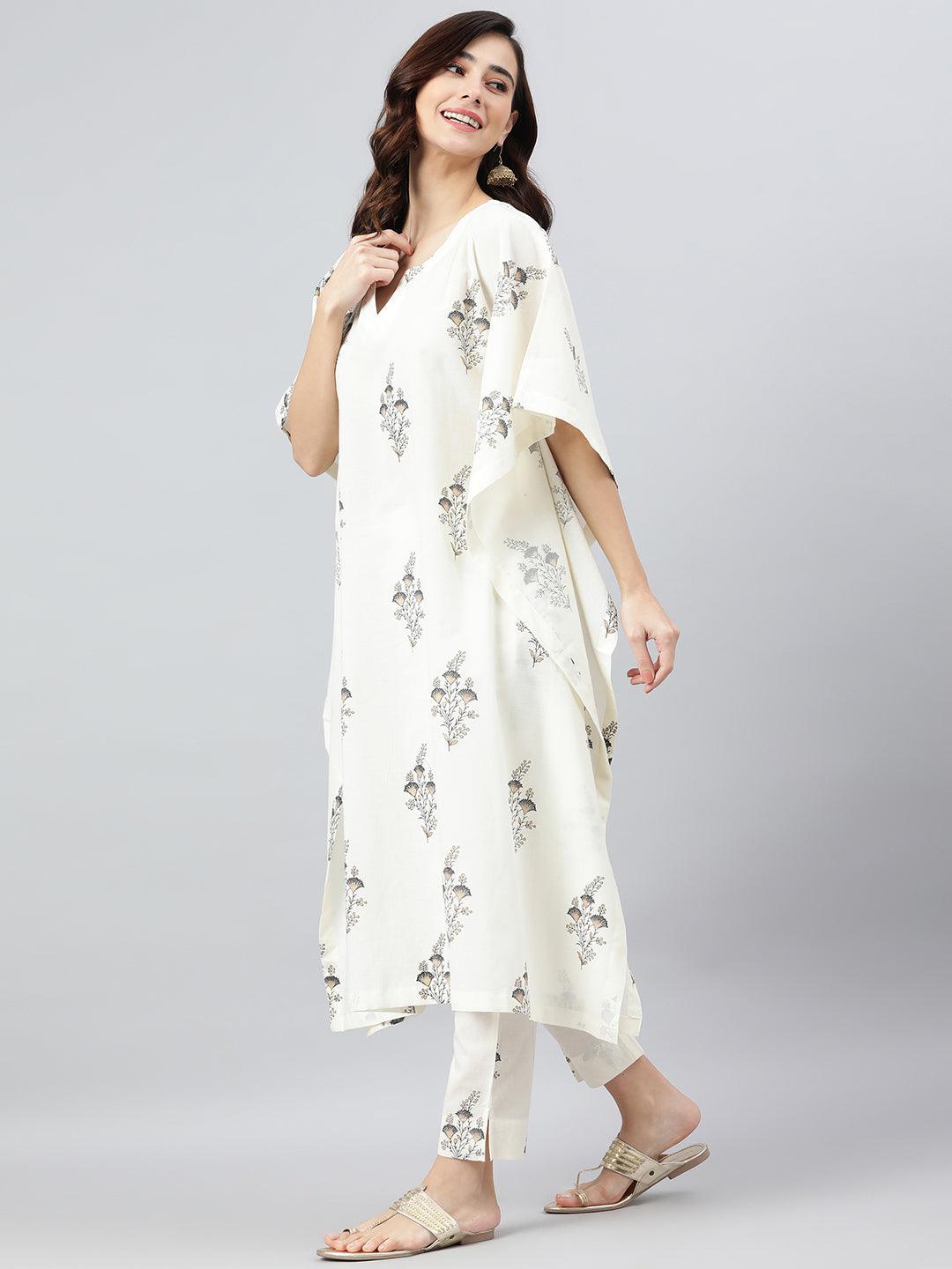 Cream Cotton Floral Print Kaftan with Pant