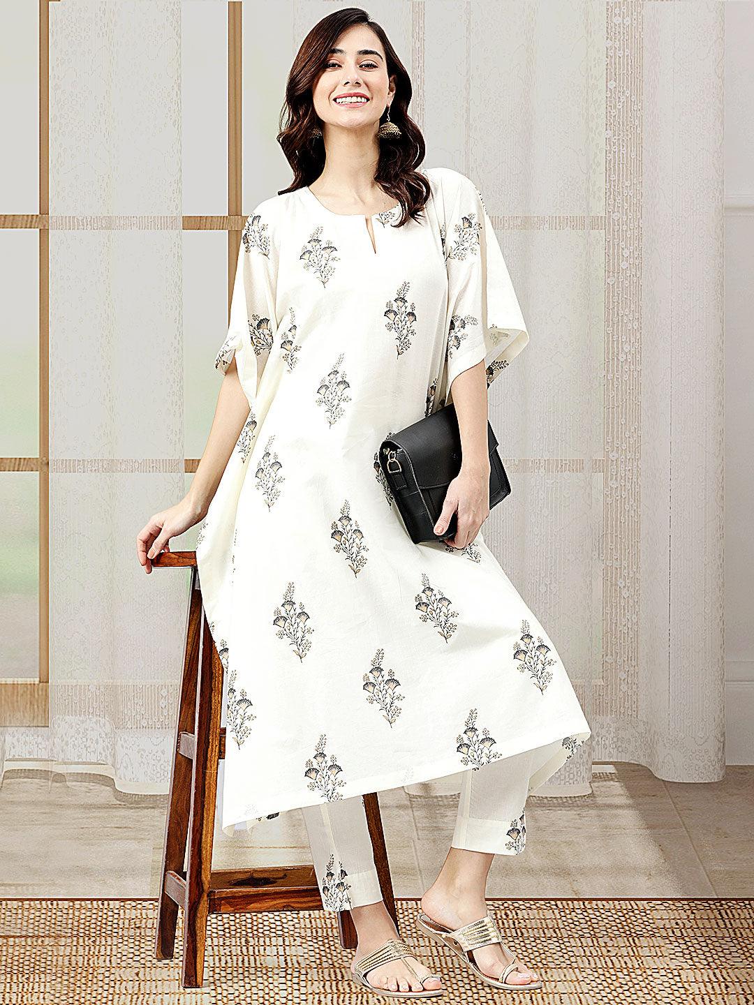 Cream Cotton Floral Print Kaftan with Pant