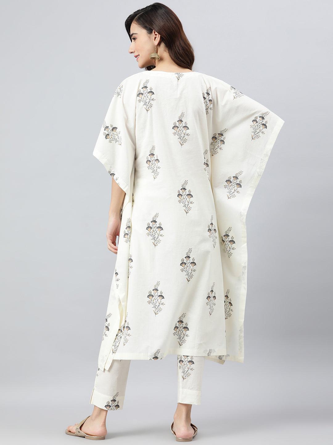 Cream Cotton Floral Print Kaftan with Pant