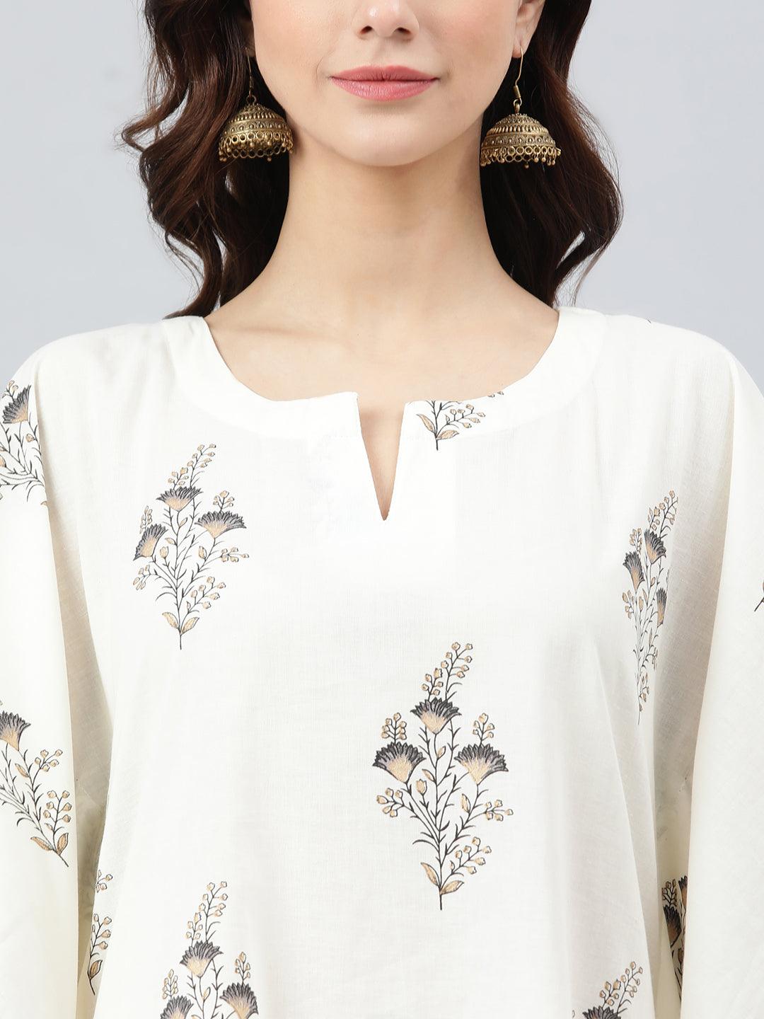 Cream Cotton Floral Print Kaftan with Pant