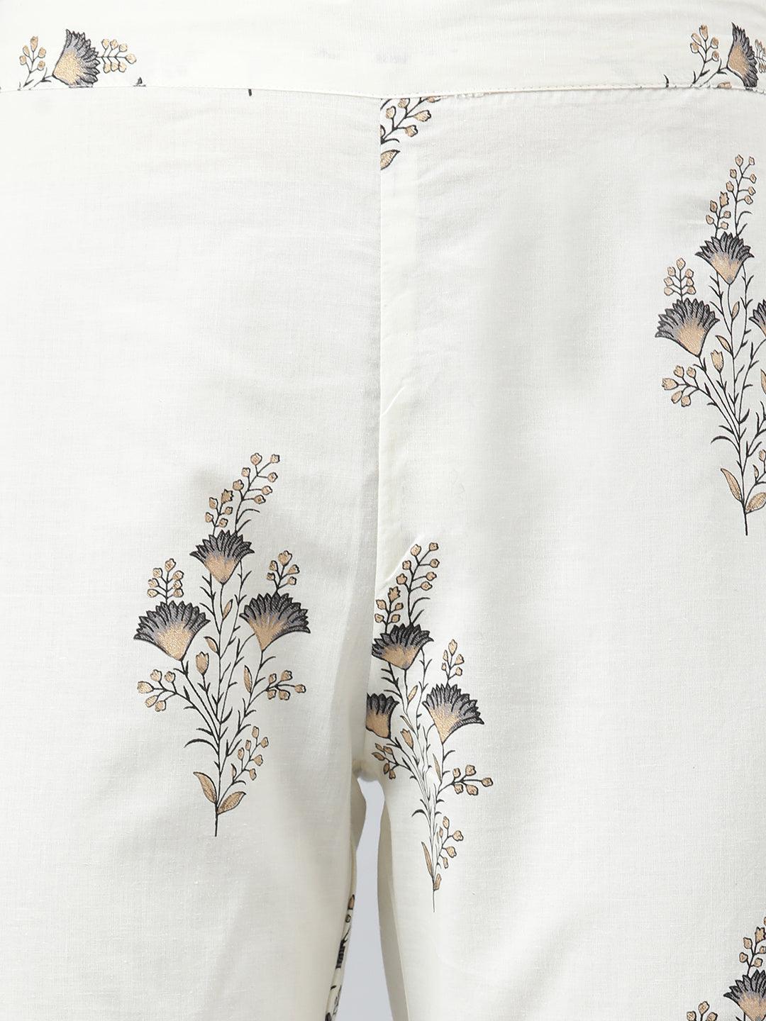 Cream Cotton Floral Print Kaftan with Pant