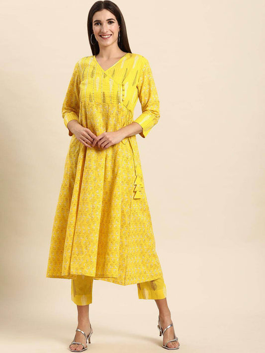 Yellow Cotton Block Print Kurta with Pant