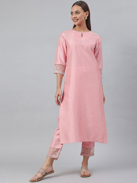 Pink Poly Silk Solid Kurta with Pant