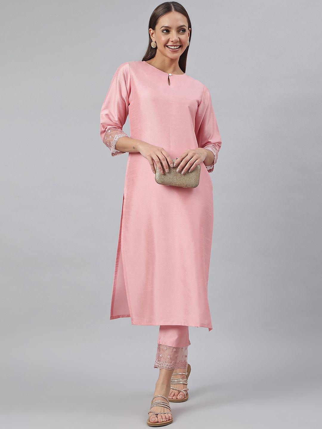 Pink Poly Silk Solid Kurta with Pant