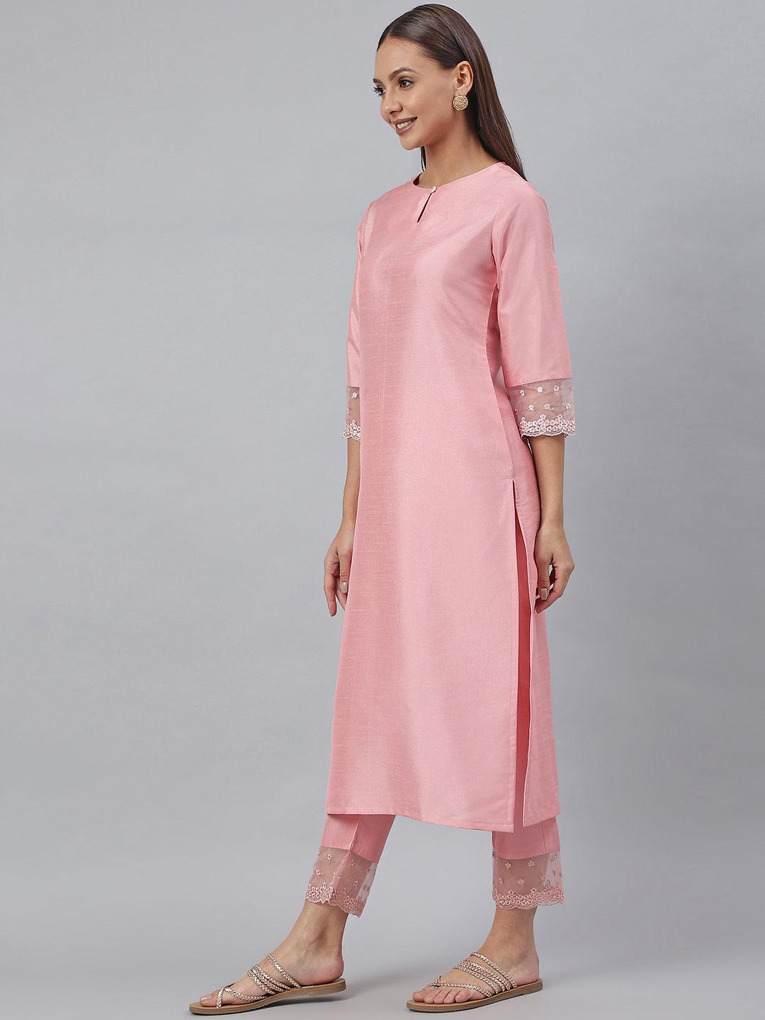 Pink Poly Silk Solid Kurta with Pant