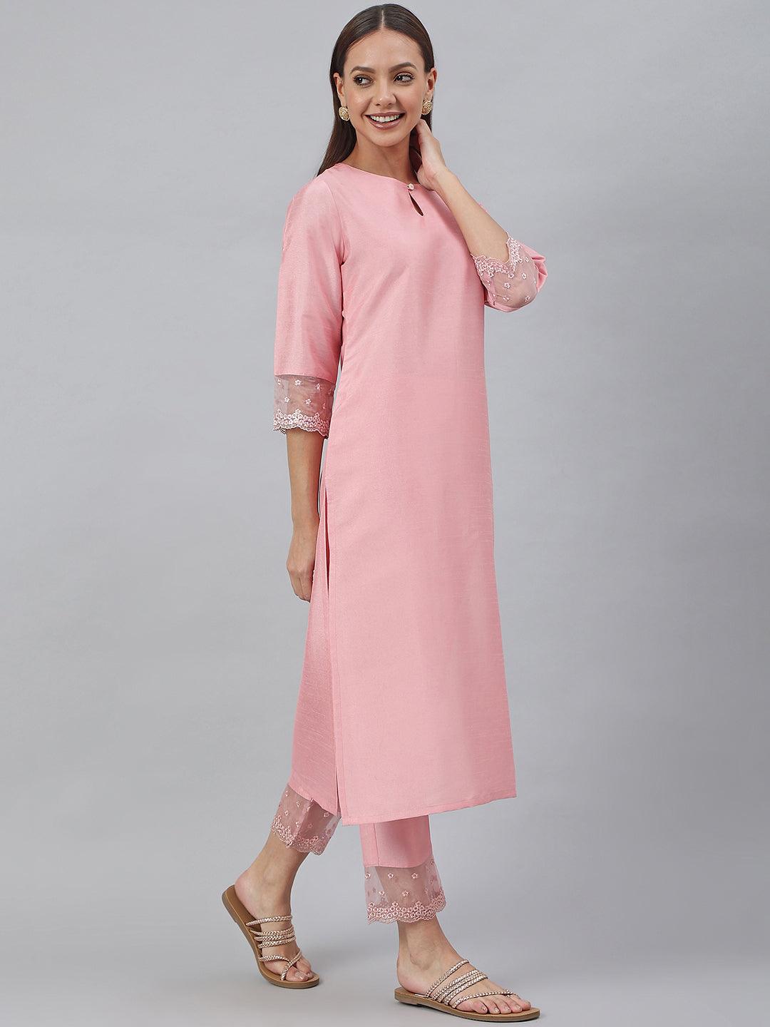 Pink Poly Silk Solid Kurta with Pant