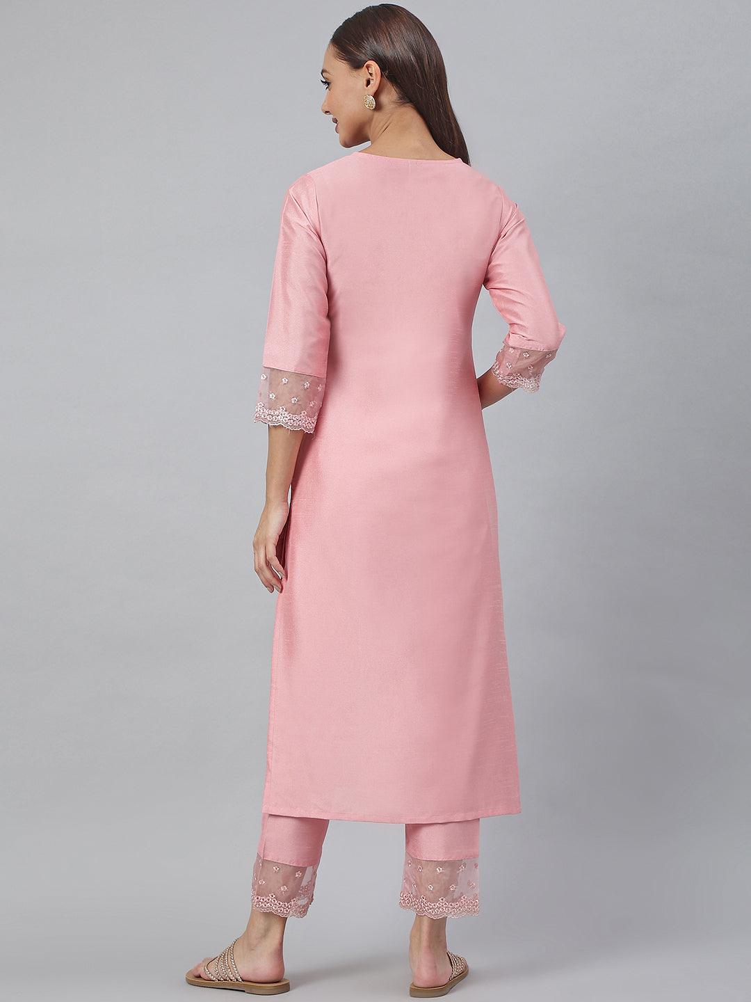 Pink Poly Silk Solid Kurta with Pant