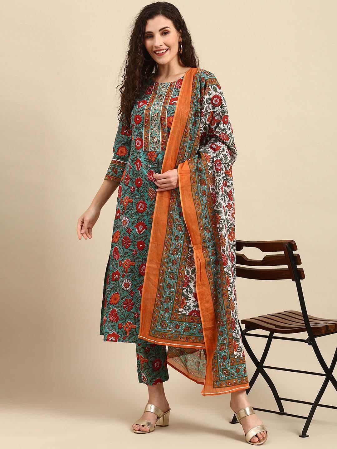 Green Cotton Embroidered Kurta with Pant and Dupatta
