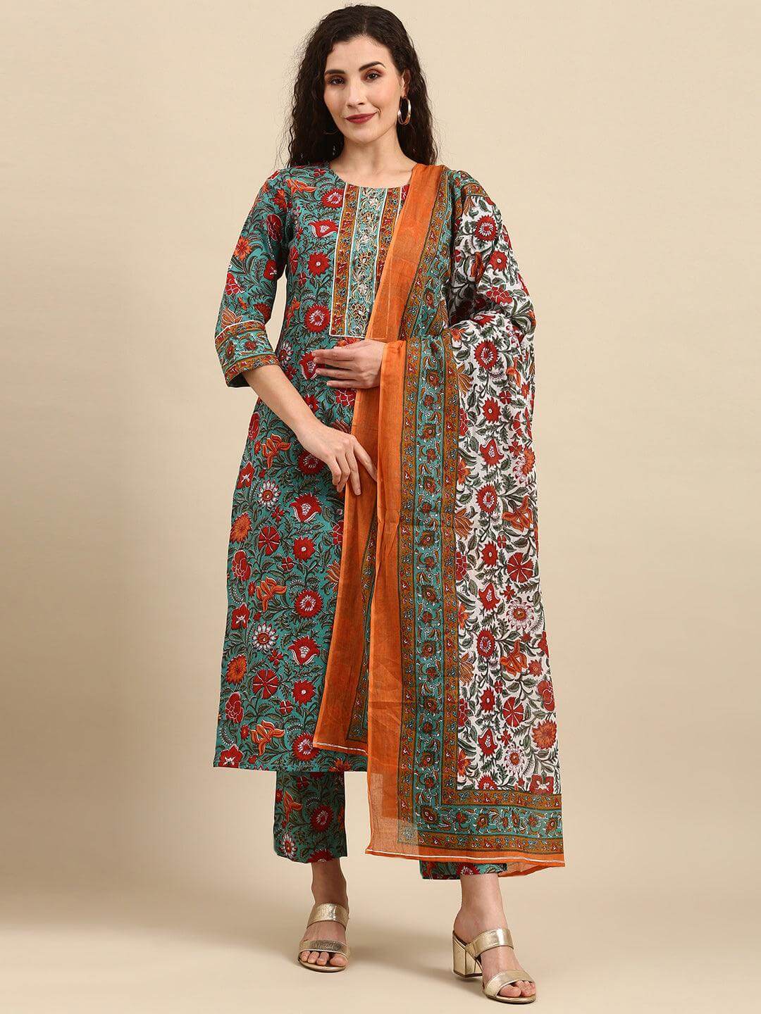 Green Cotton Embroidered Kurta with Pant and Dupatta