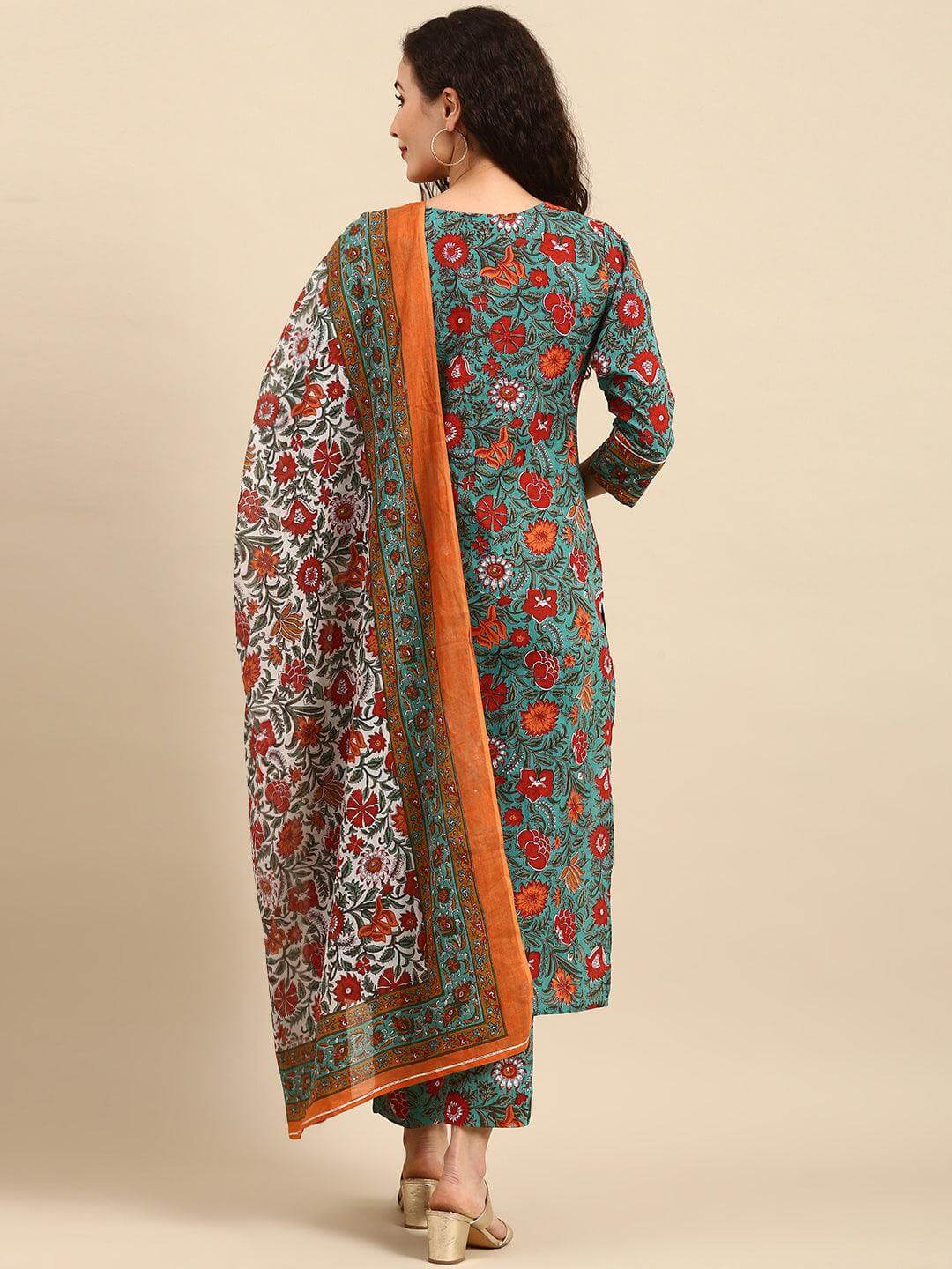 Green Cotton Embroidered Kurta with Pant and Dupatta