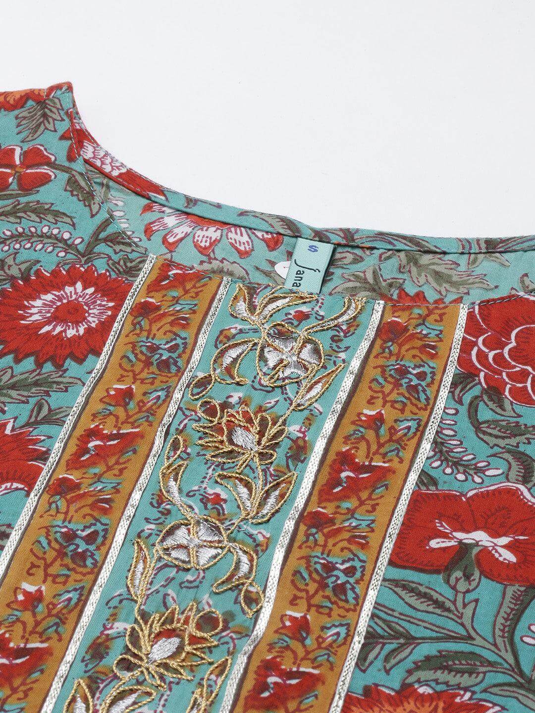 Green Cotton Embroidered Kurta with Pant and Dupatta