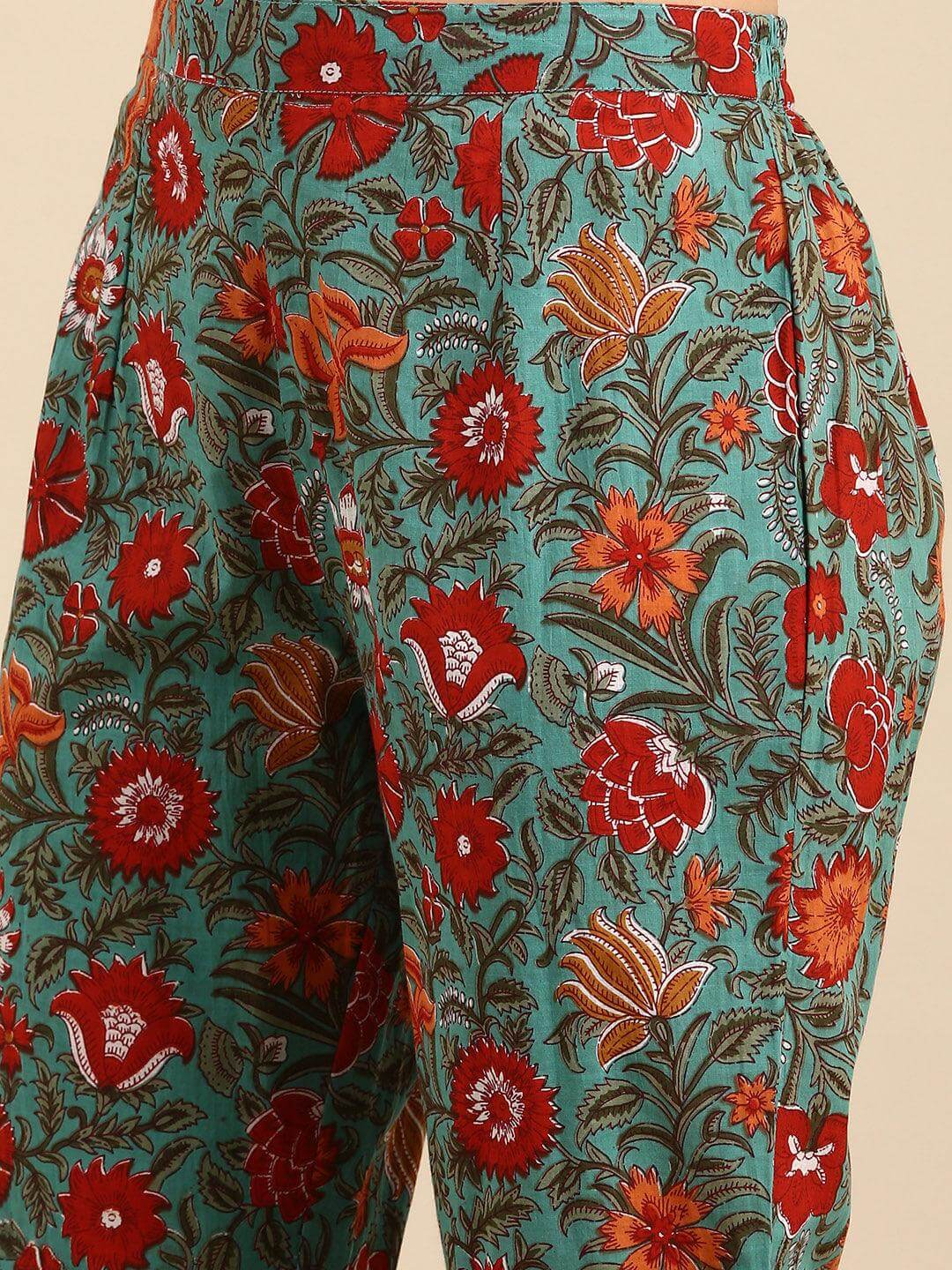 Green Cotton Embroidered Kurta with Pant and Dupatta
