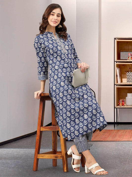 Navy Blue Cotton Embroidered Kurta with Pant