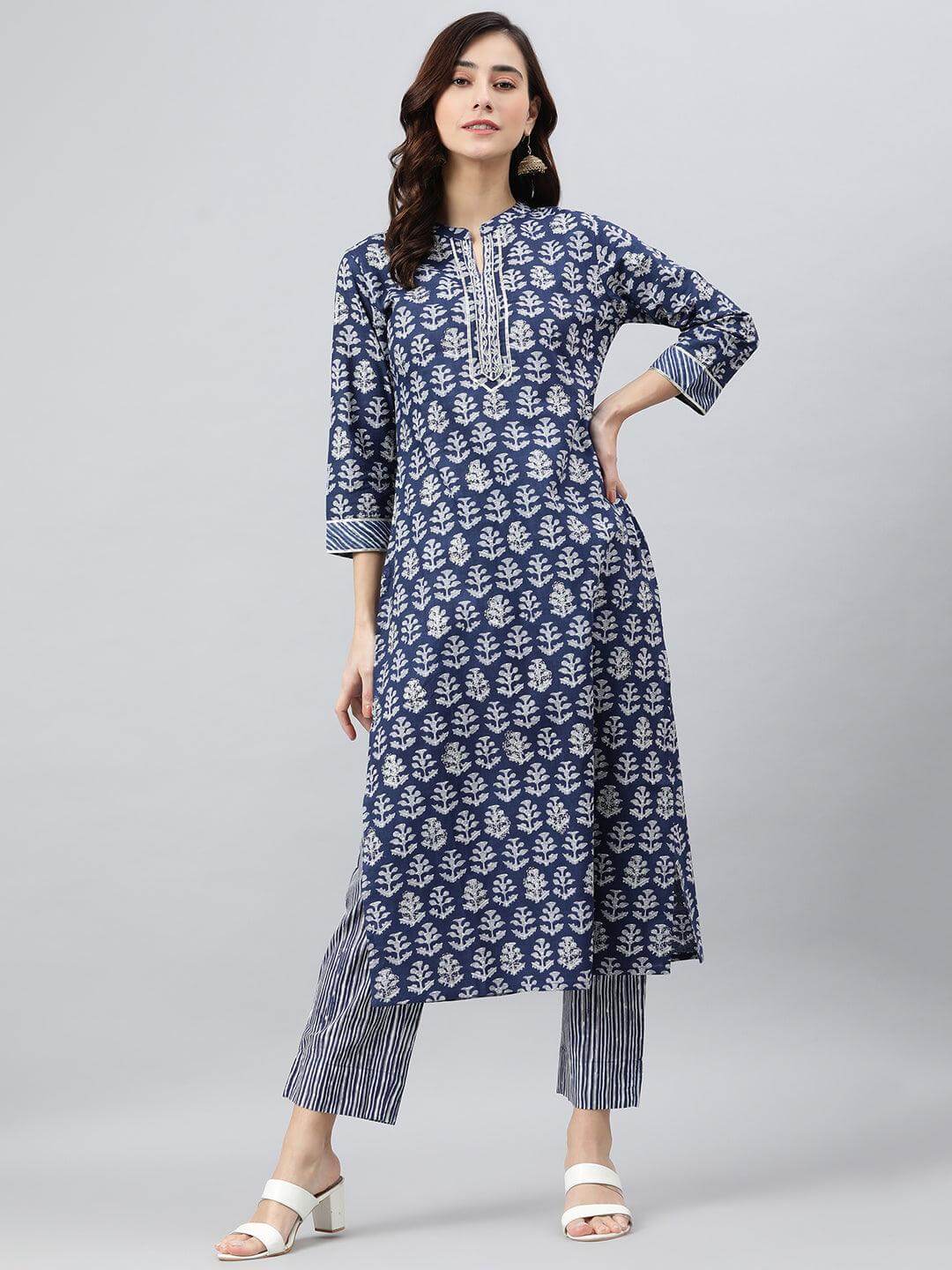 Navy Blue Cotton Embroidered Kurta with Pant