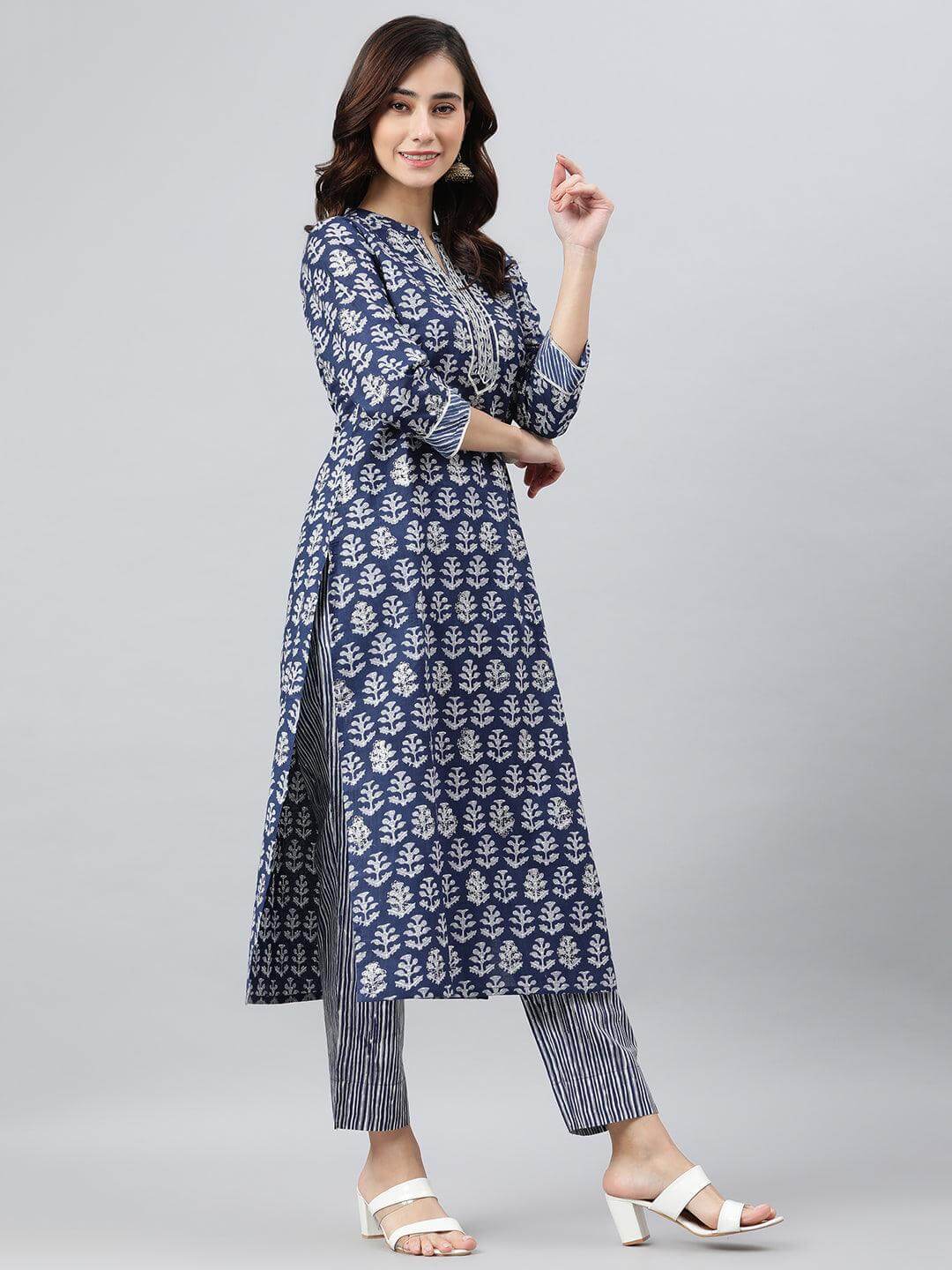 Navy Blue Cotton Embroidered Kurta with Pant