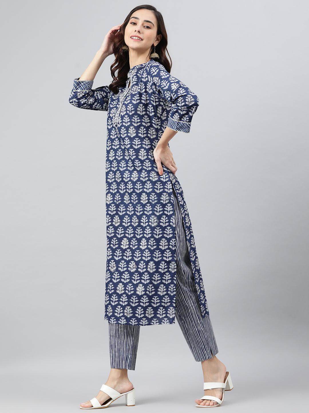 Navy Blue Cotton Embroidered Kurta with Pant