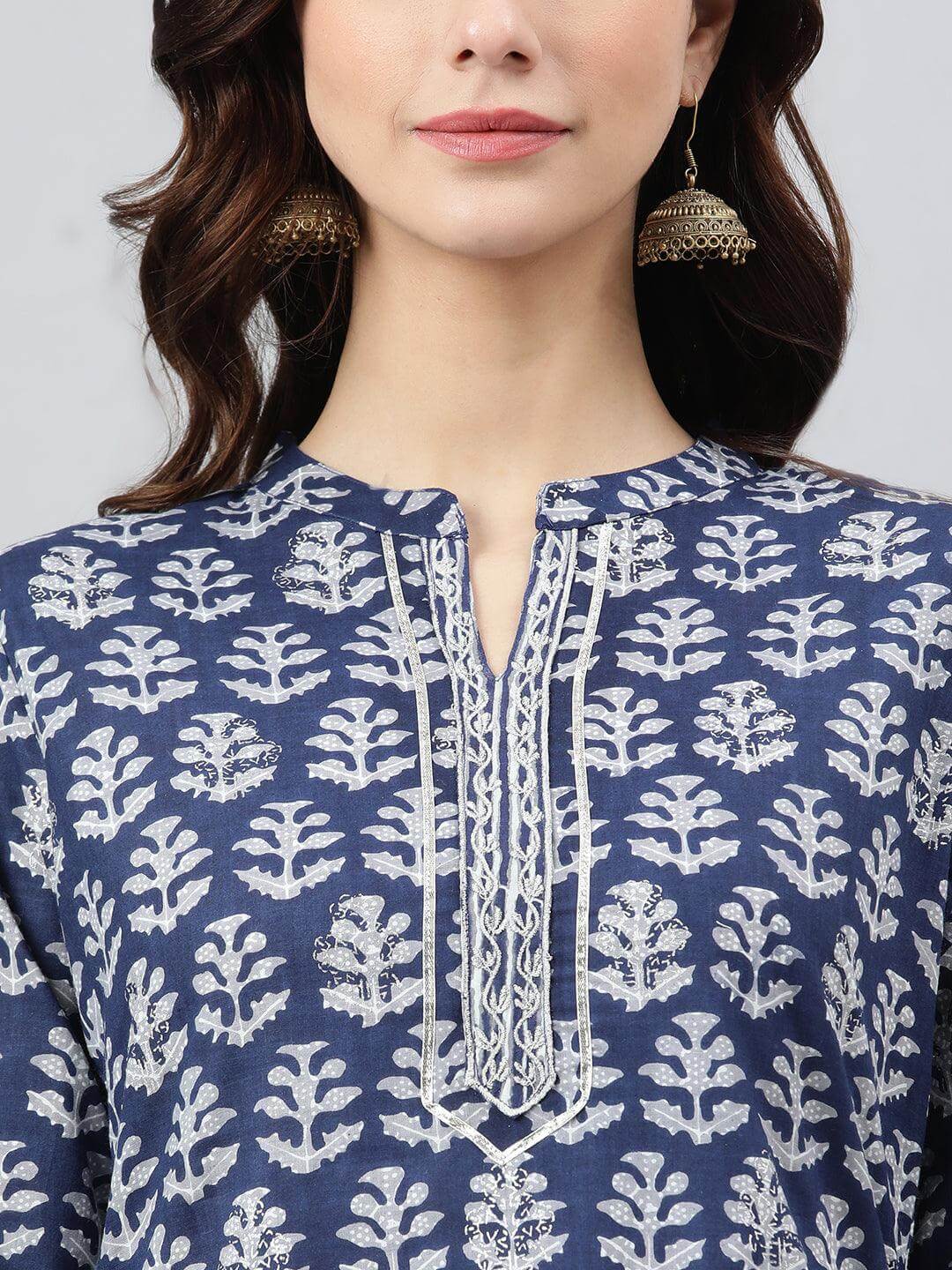 Navy Blue Cotton Embroidered Kurta with Pant