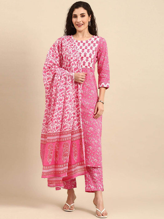 Pink Cotton Floral Print Kurta with Pant and Dupatta