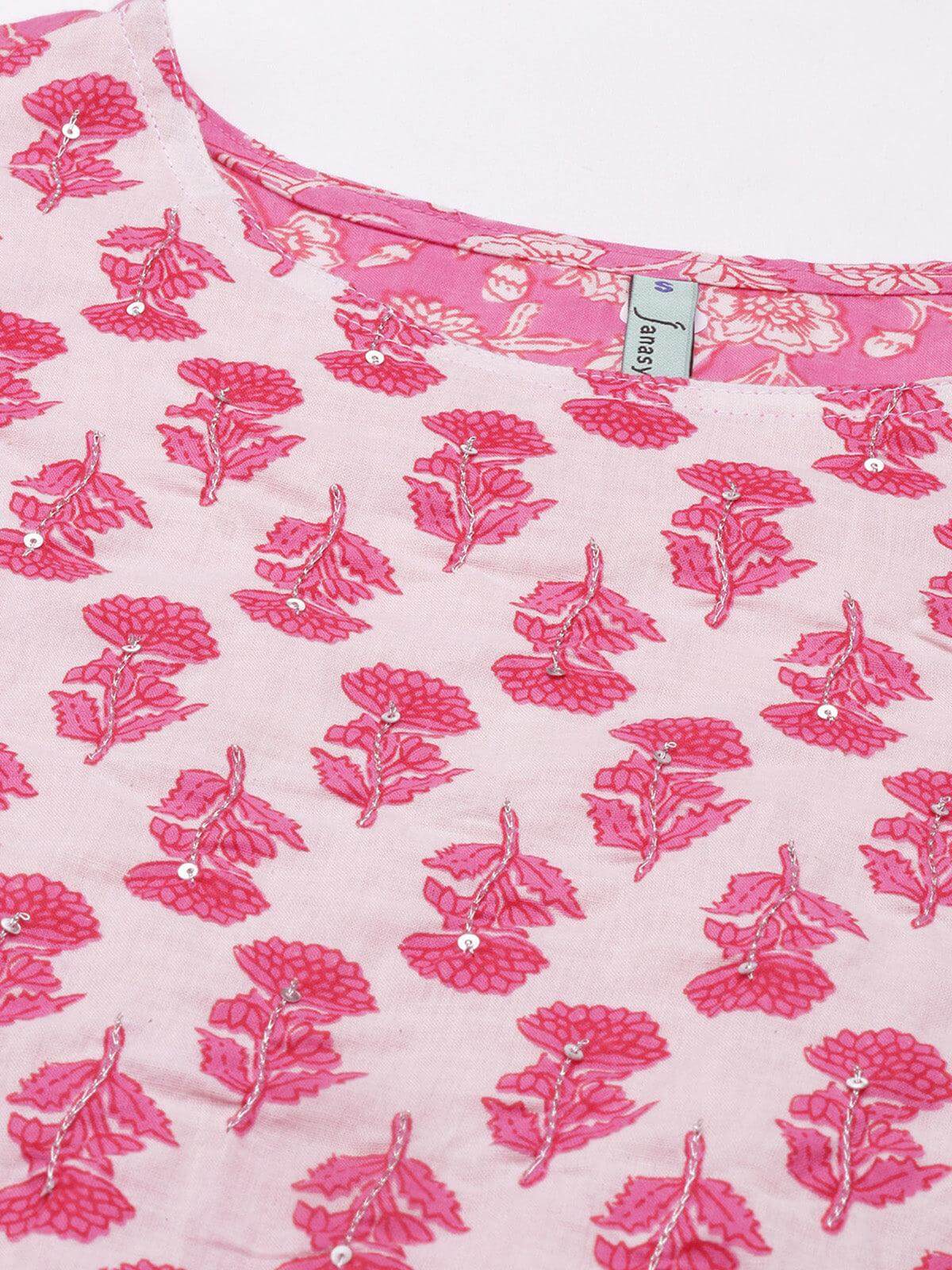 Pink Cotton Floral Print Kurta with Pant and Dupatta