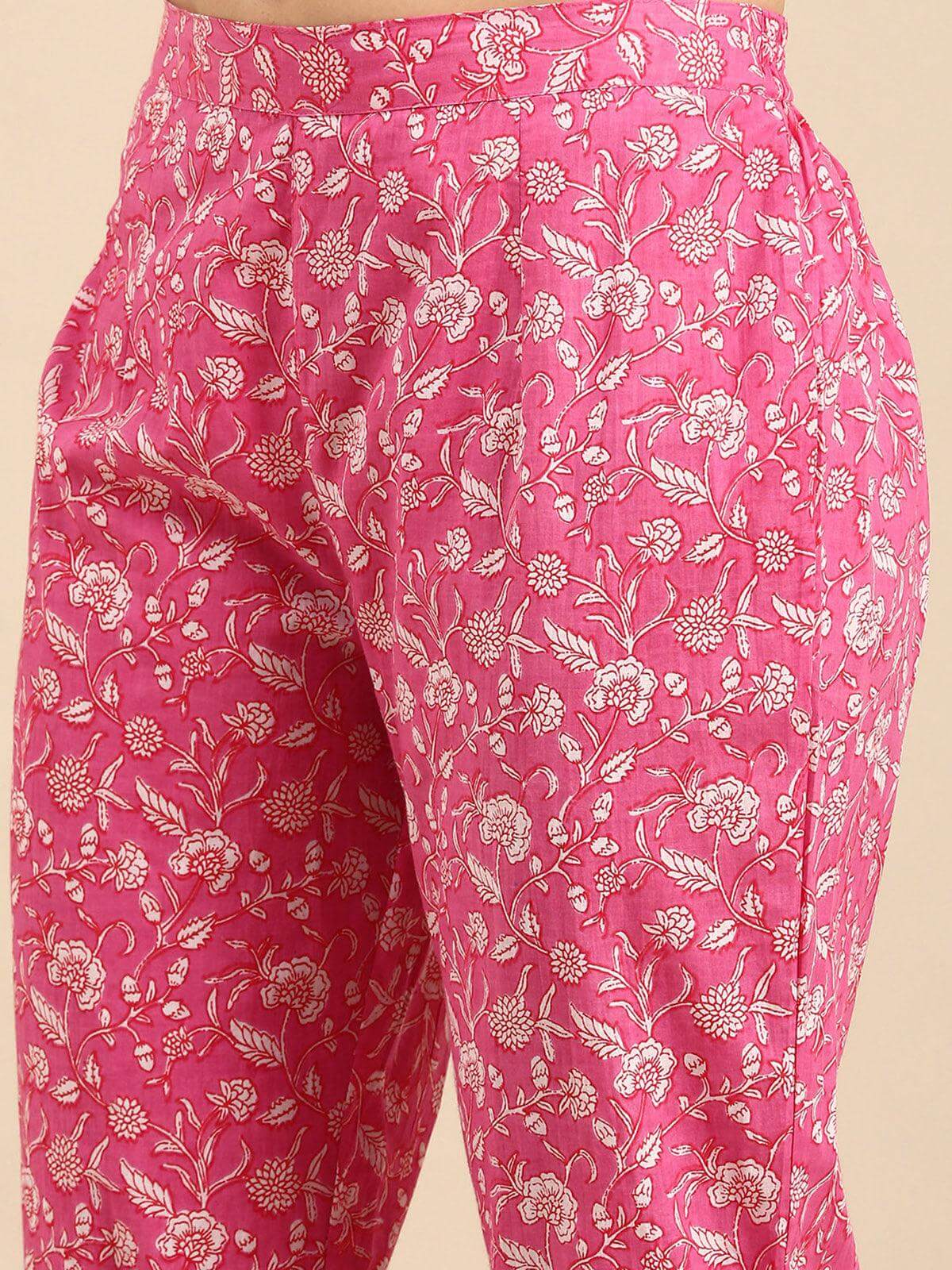 Pink Cotton Floral Print Kurta with Pant and Dupatta