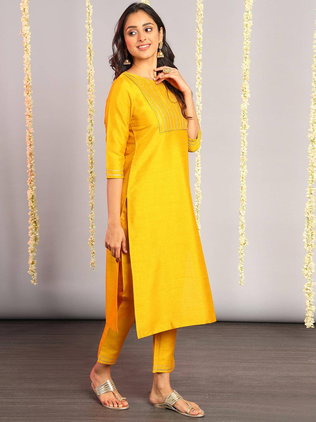 Mustard Poly Silk Solid Kurta with Pant