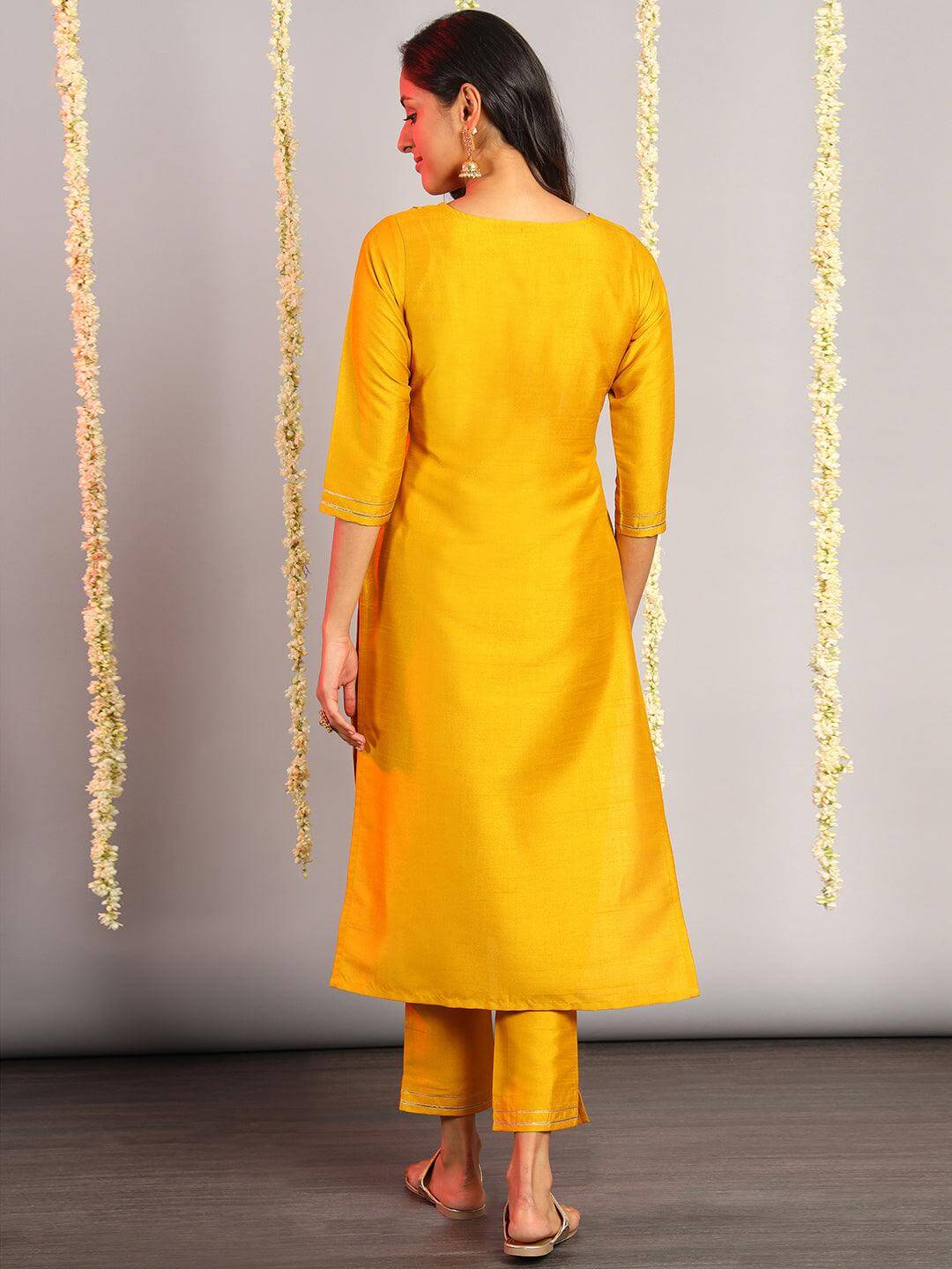 Mustard Poly Silk Solid Kurta with Pant