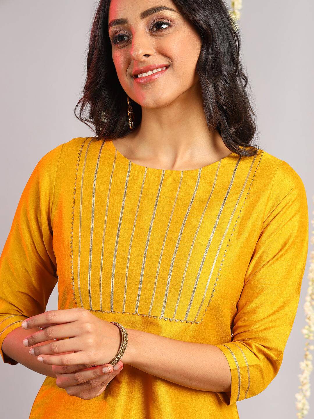 Mustard Poly Silk Solid Kurta with Pant