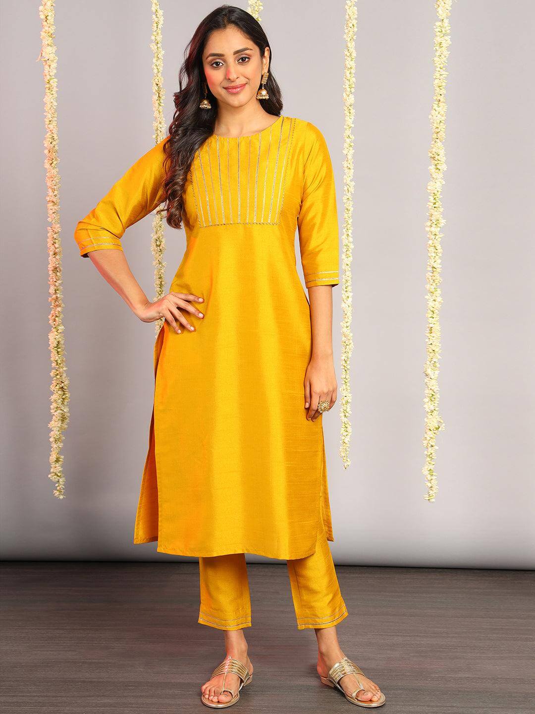 Mustard Poly Silk Solid Kurta with Pant