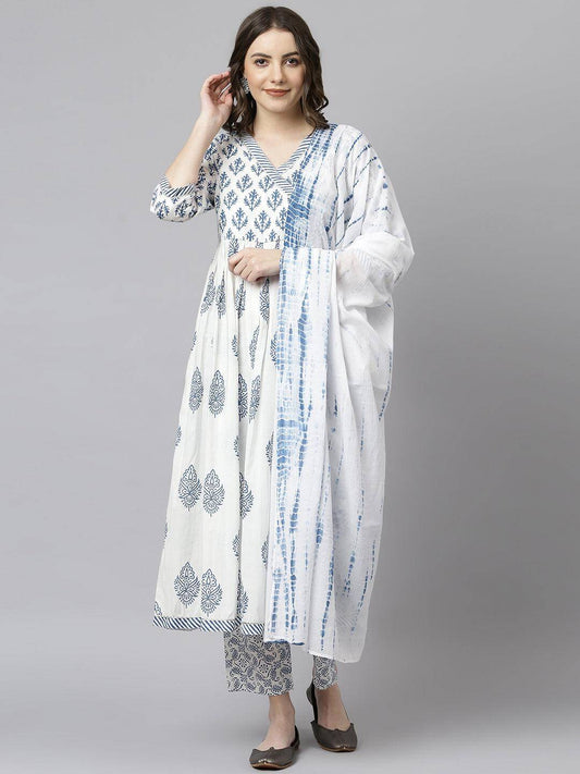 White Cotton Block Print Kurta with Pant and Dupatta