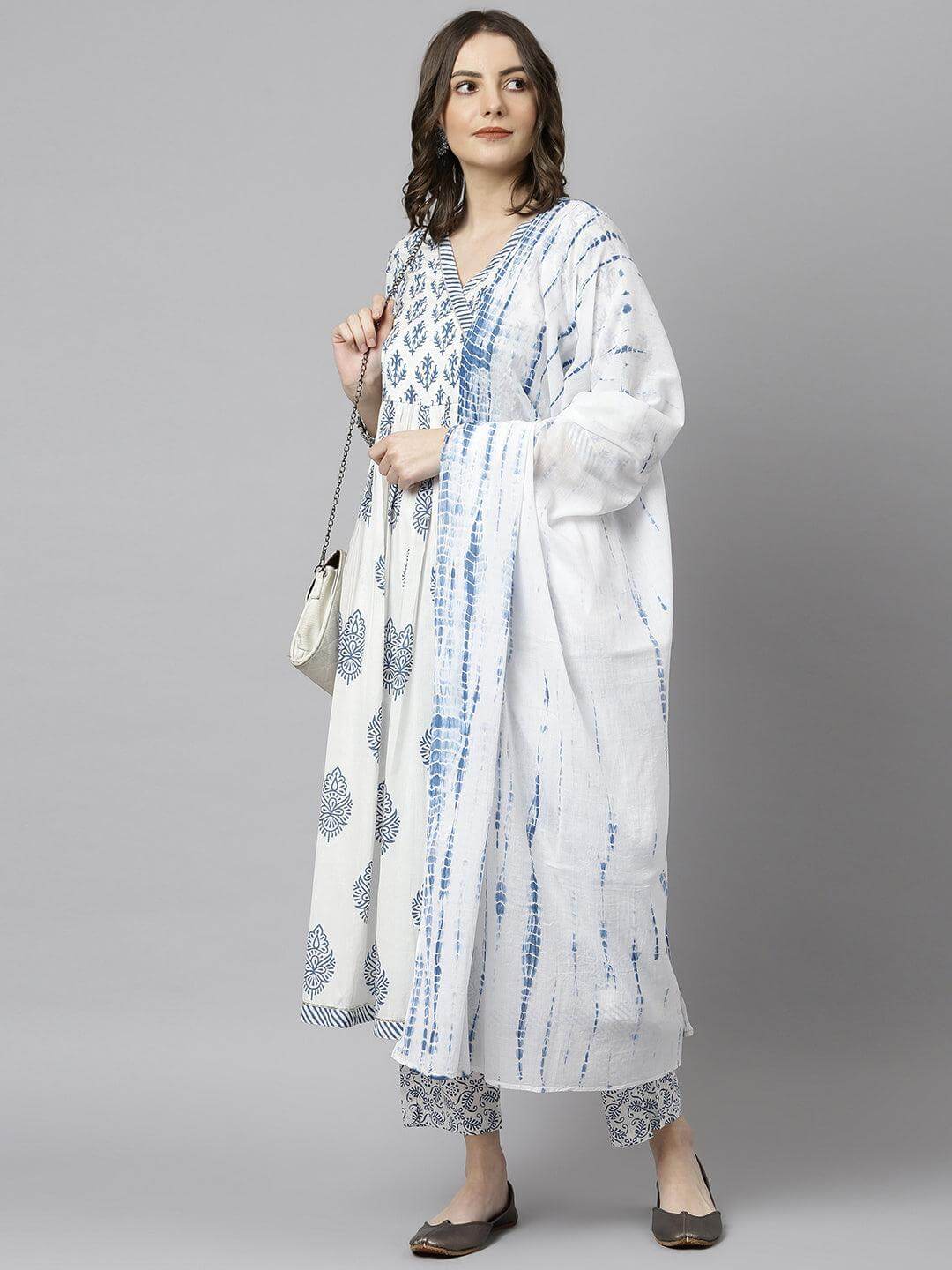 White Cotton Block Print Kurta with Pant and Dupatta