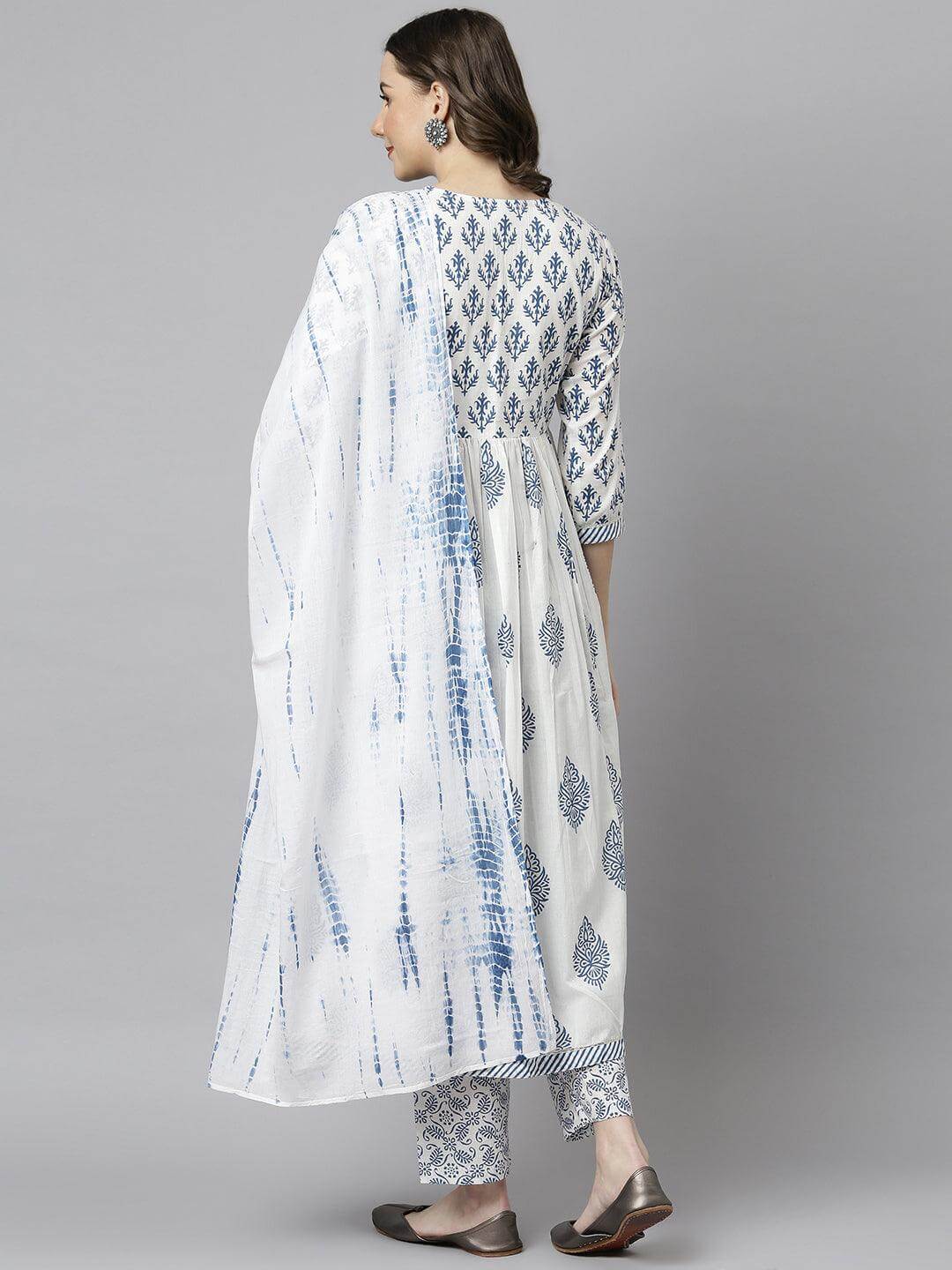 White Cotton Block Print Kurta with Pant and Dupatta