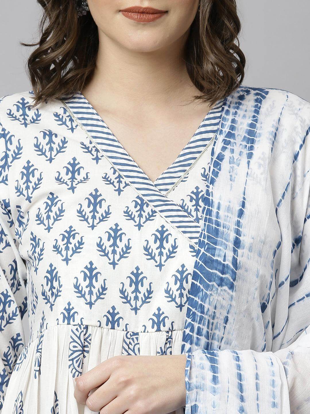White Cotton Block Print Kurta with Pant and Dupatta