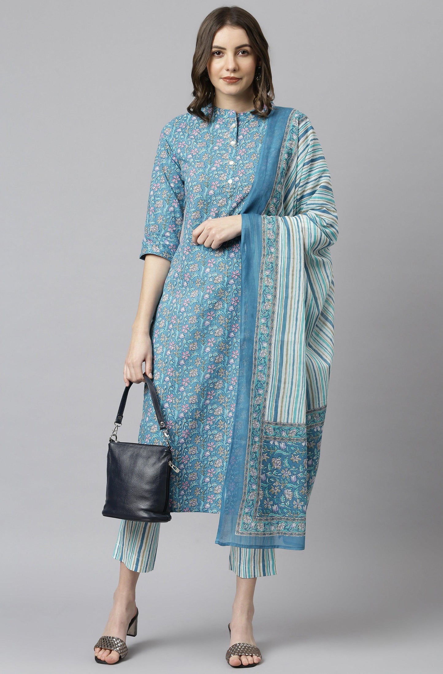 Blue Cotton Floral Print Kurta with Pant and Dupatta