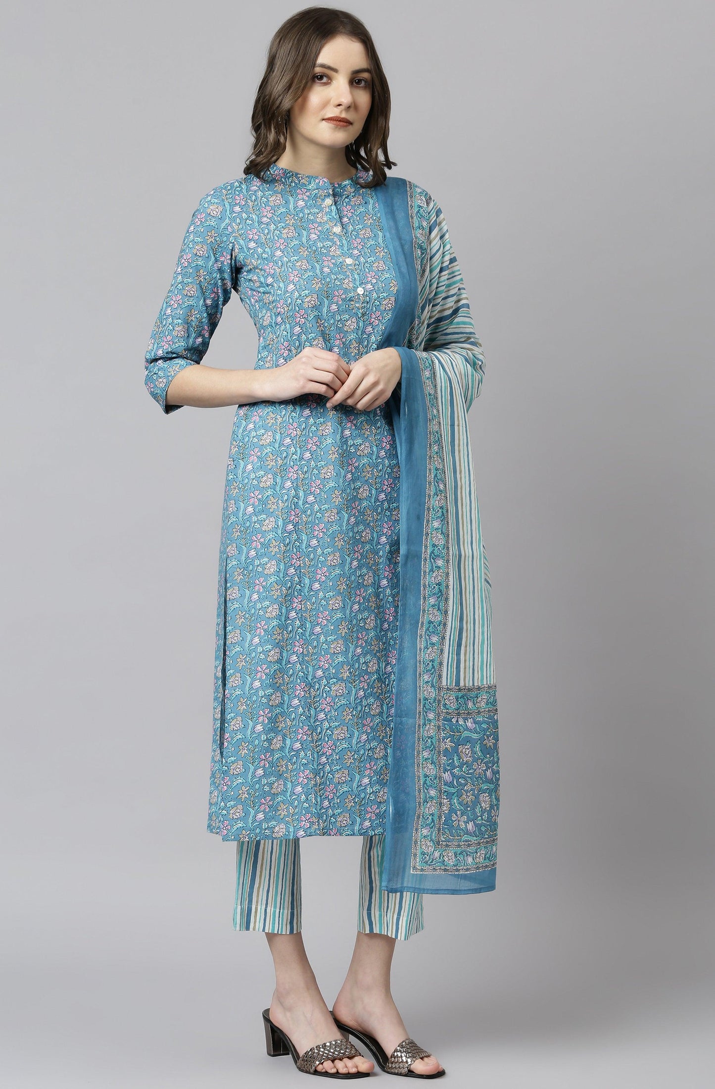 Blue Cotton Floral Print Kurta with Pant and Dupatta
