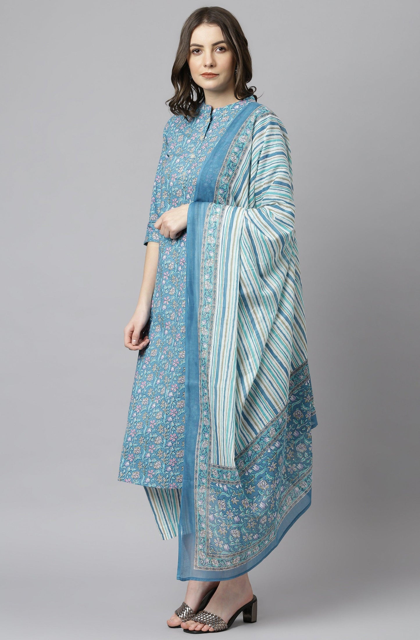 Blue Cotton Floral Print Kurta with Pant and Dupatta