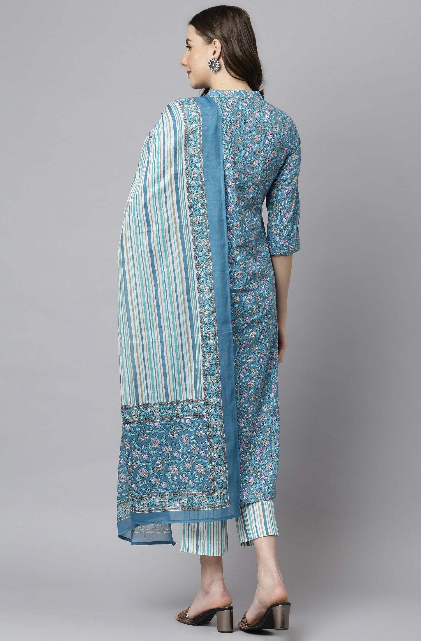 Blue Cotton Floral Print Kurta with Pant and Dupatta