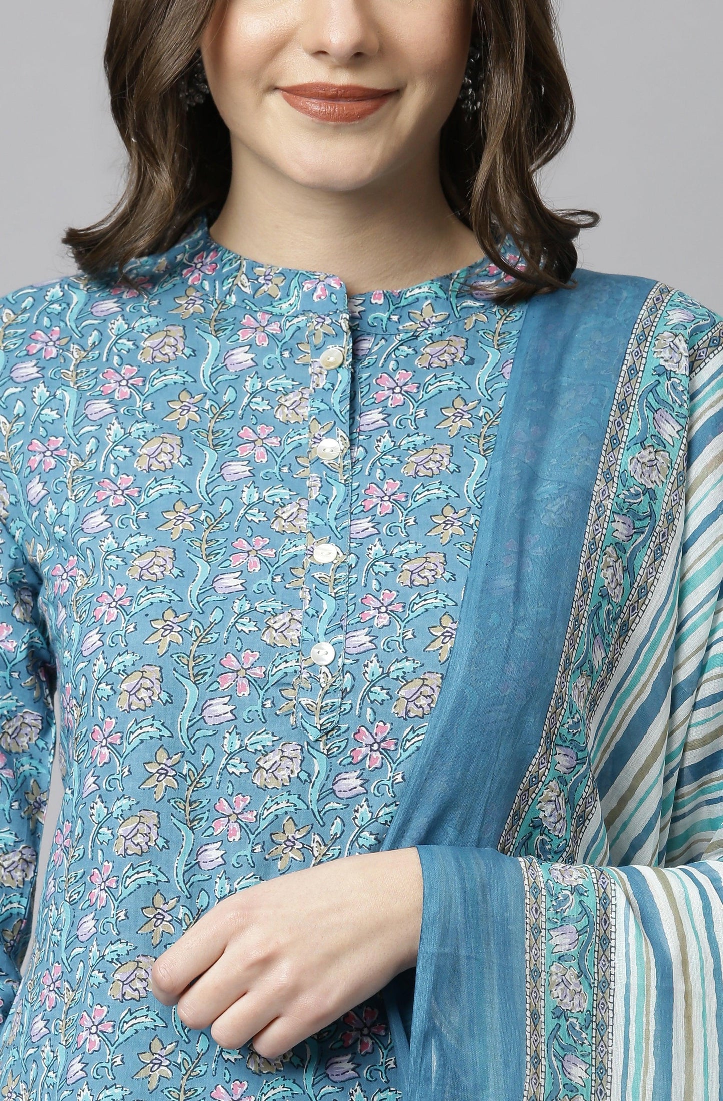 Blue Cotton Floral Print Kurta with Pant and Dupatta