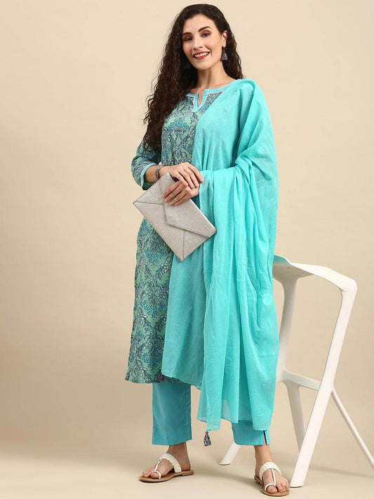 Sea Green Cotton Floral Print Kurta with Pant and Dupatta