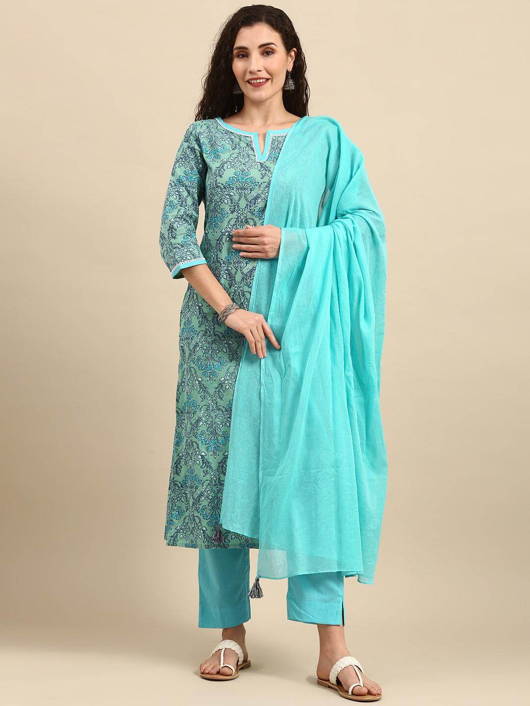 Sea Green Cotton Floral Print Kurta with Pant and Dupatta