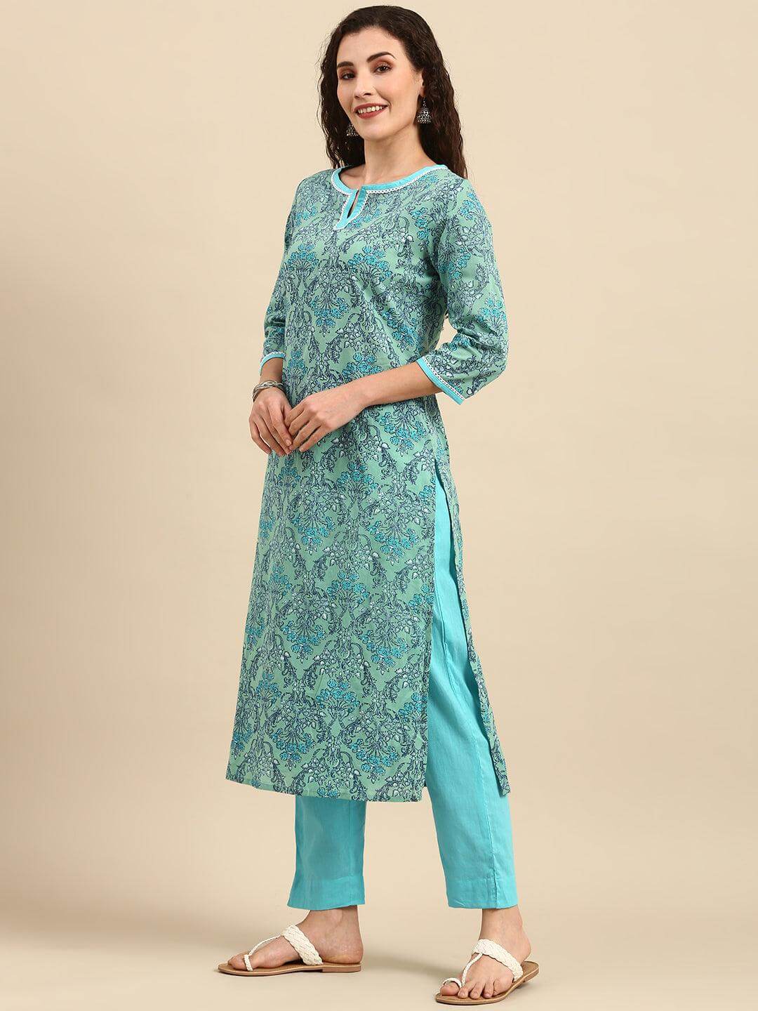 Sea Green Cotton Floral Print Kurta with Pant and Dupatta